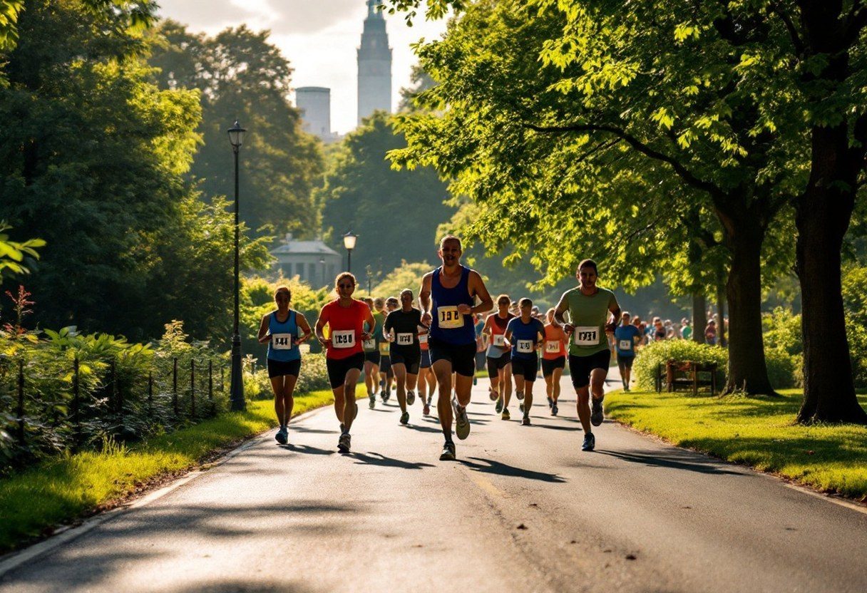 Runners streaming through green parkland on a scenic half-marathon course