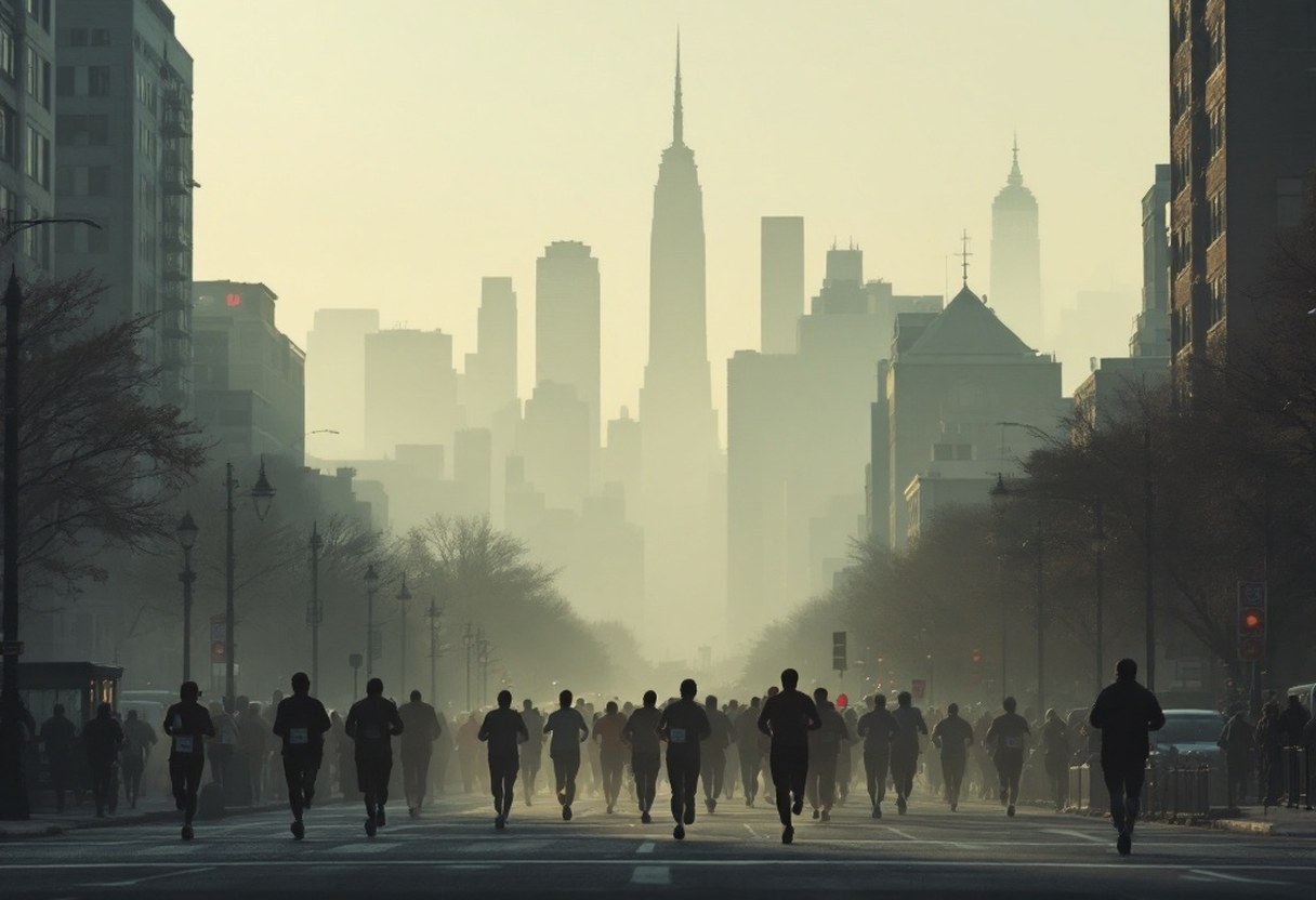 City skyline seen through race-morning haze