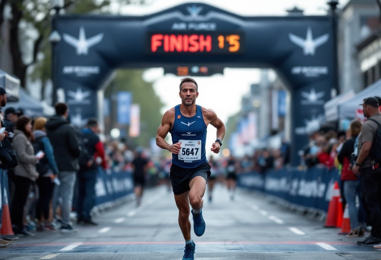 Ovidio Pugnale at the Air Force Marathon Series finish line, race bib visible
