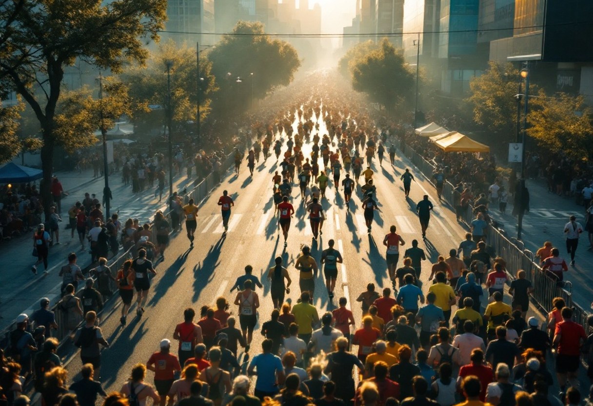 Wide documentary shot of a marathon field surging off the start line at dawn