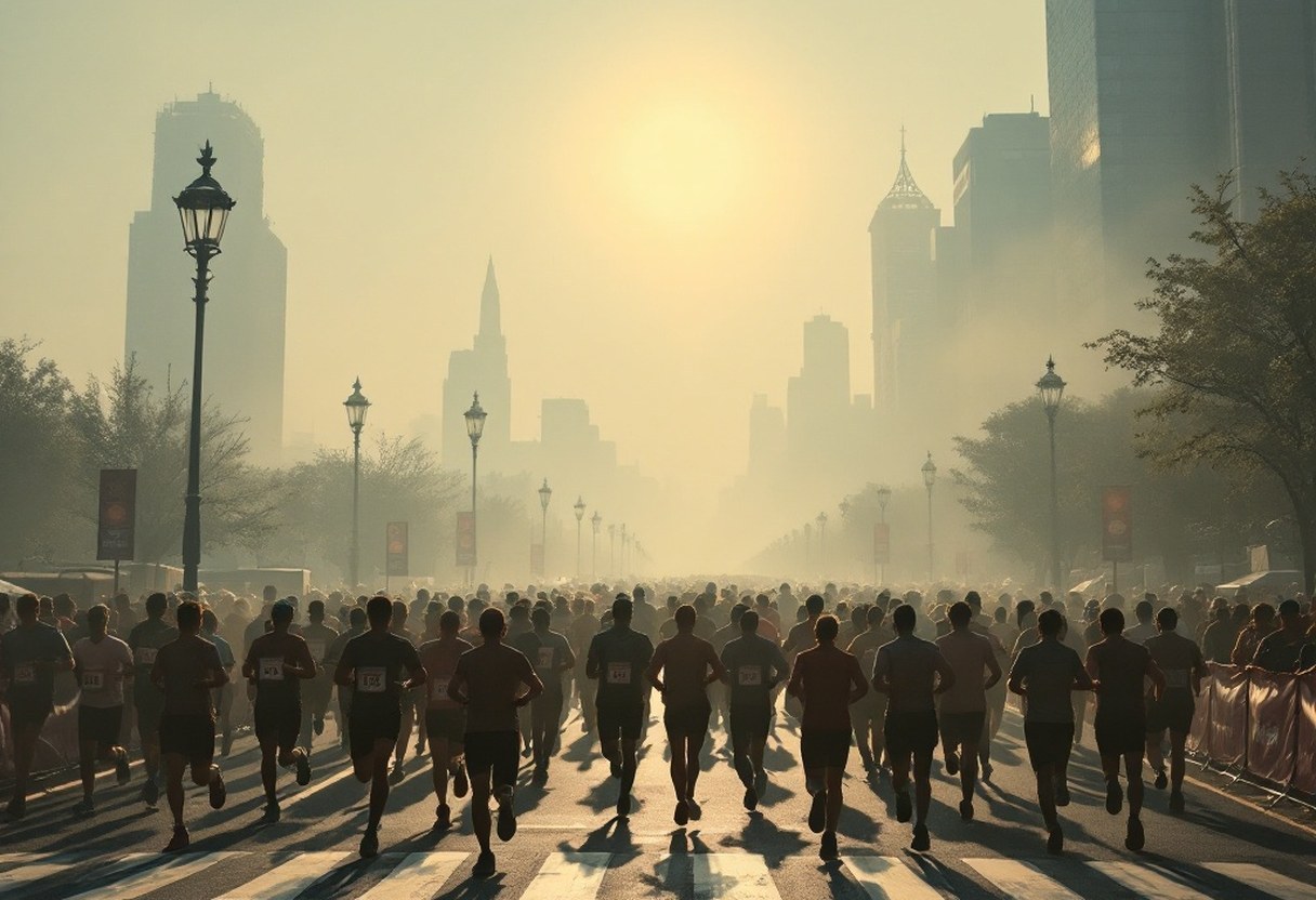 Runners crossing a start line beneath a smog-dimmed sun, city air thick with haze