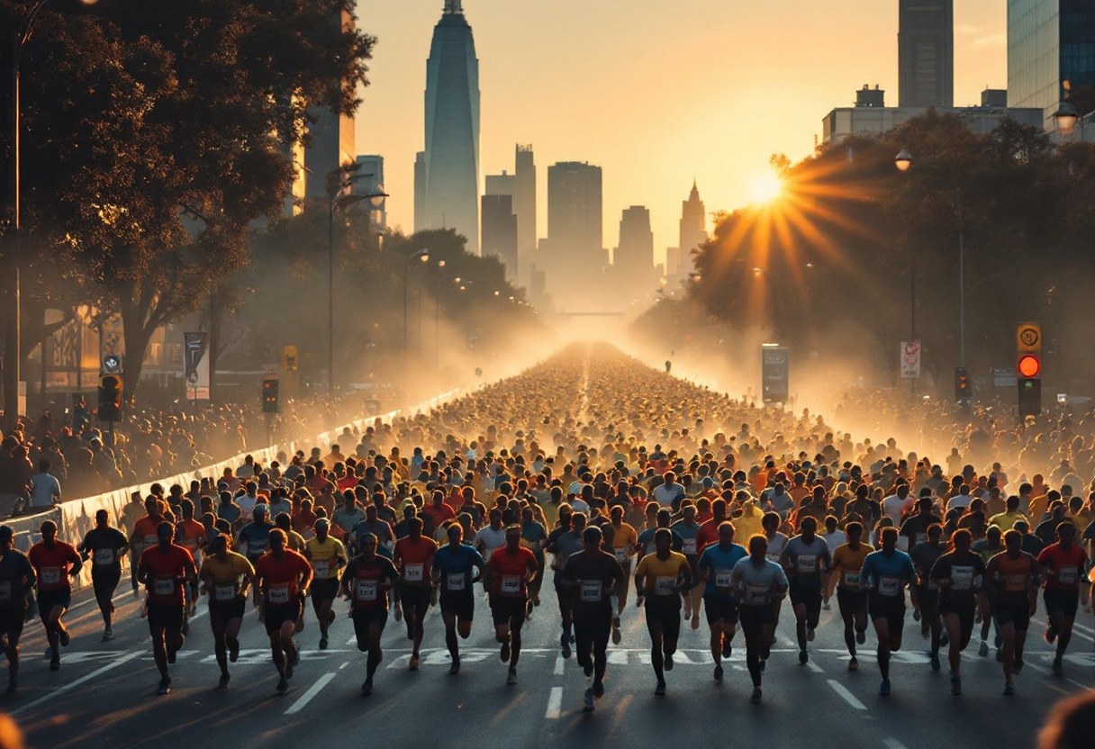 A large marathon field surging off the start line at dawn, city skyline behind