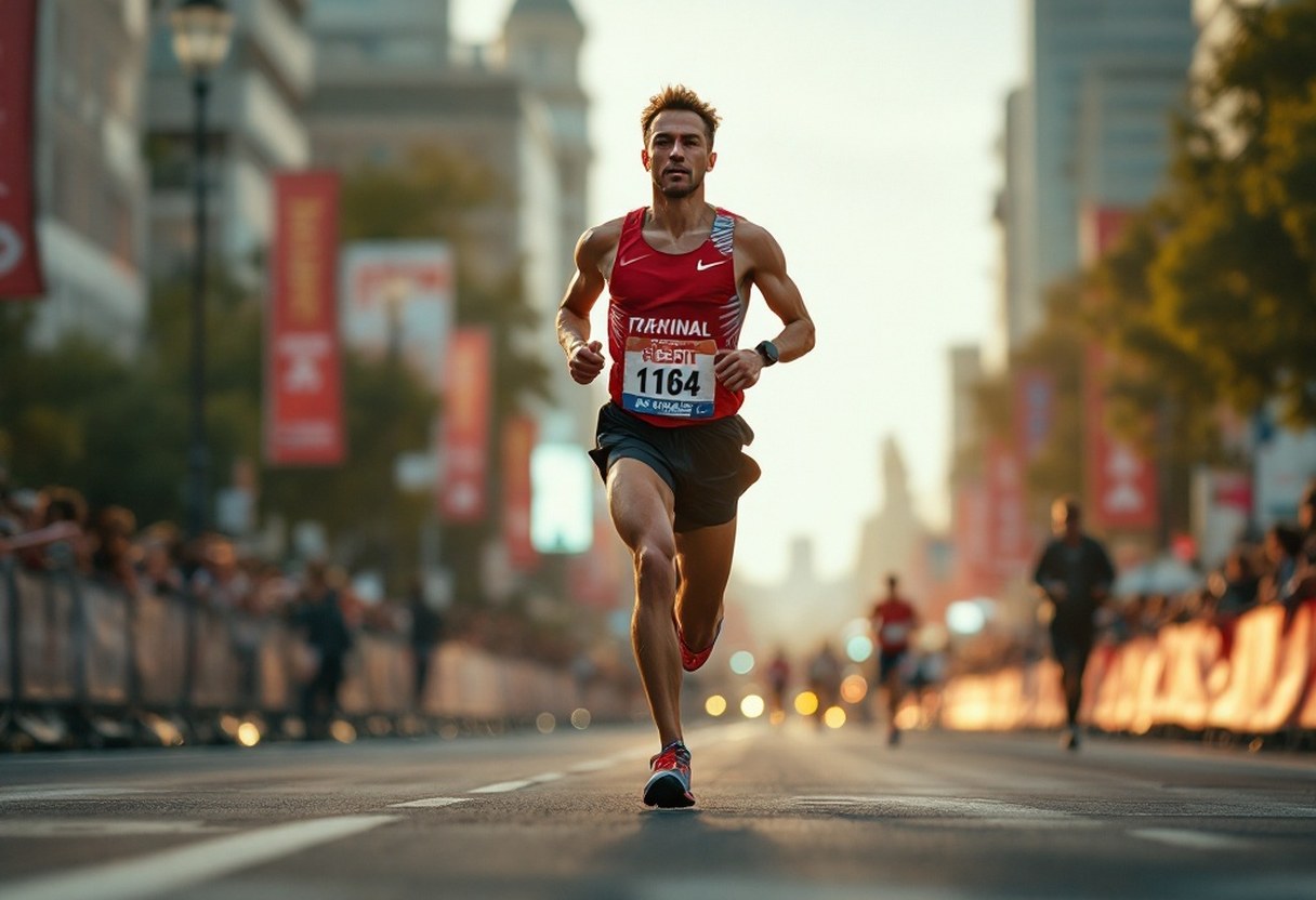 Portrait of an elite distance runner mid-stride