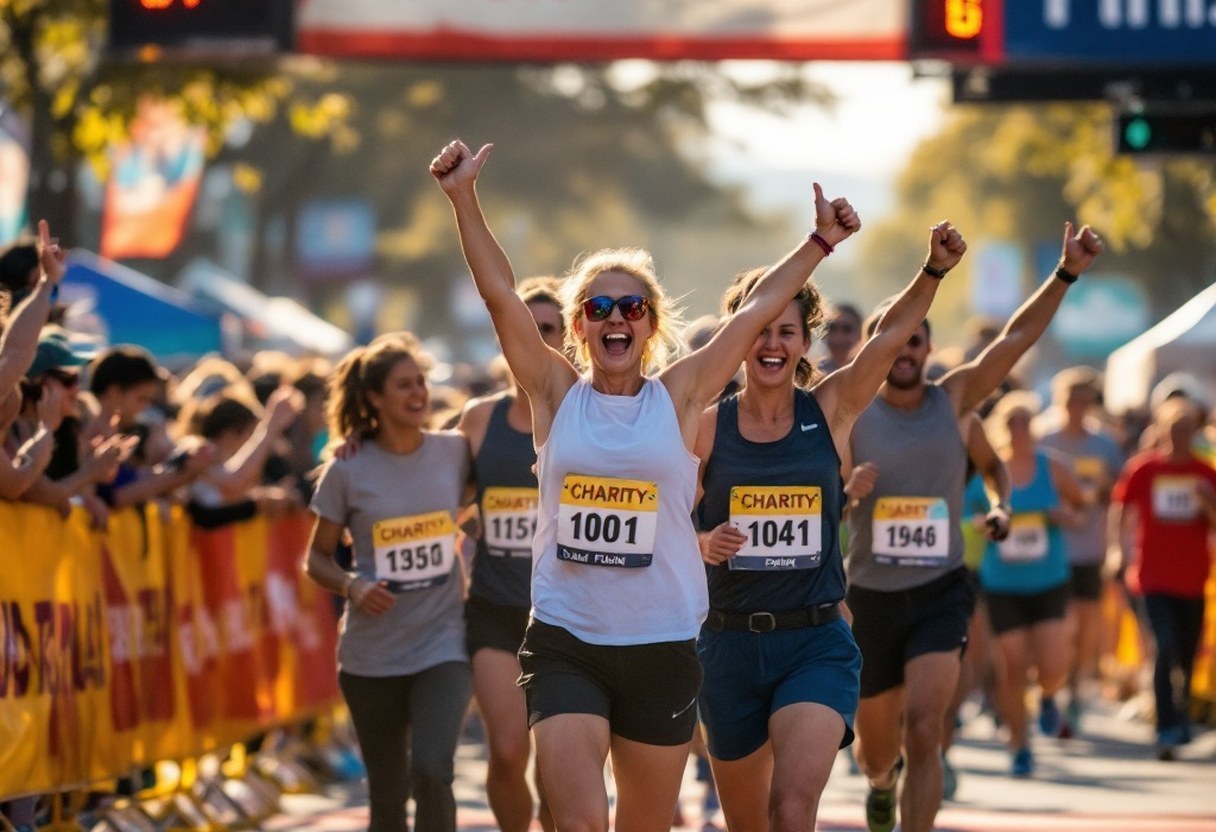 Charity runners and volunteers celebrating together at a race finish line