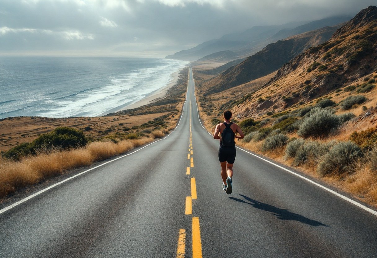 A lone runner on an open coastal road