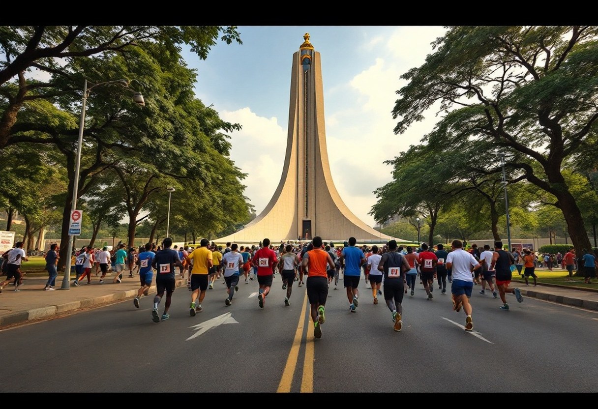 Runners passing the Kwame Nkrumah Mausoleum during the Millennium Marathon in Accra, Ghana