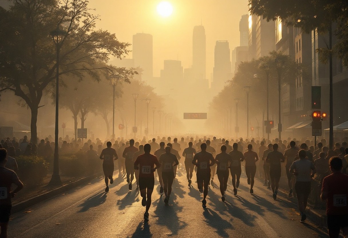 Runners crossing a start line beneath a smog-dimmed sun, air thick over the city