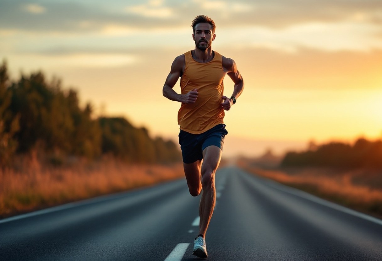 Portrait of an elite distance runner mid-stride on an open road at dawn